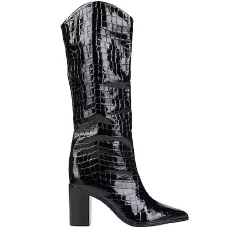 SCHUTZ Analeah Boots Sz 7 NEW Crocodile Cowboy Patent Leather Black Western